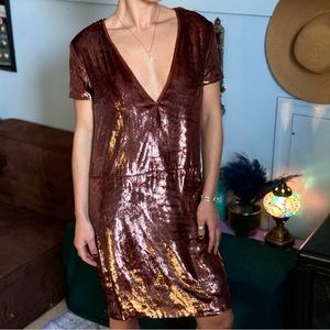 Rochas Designer Fuzzy Vneck Metallic Shift Dress